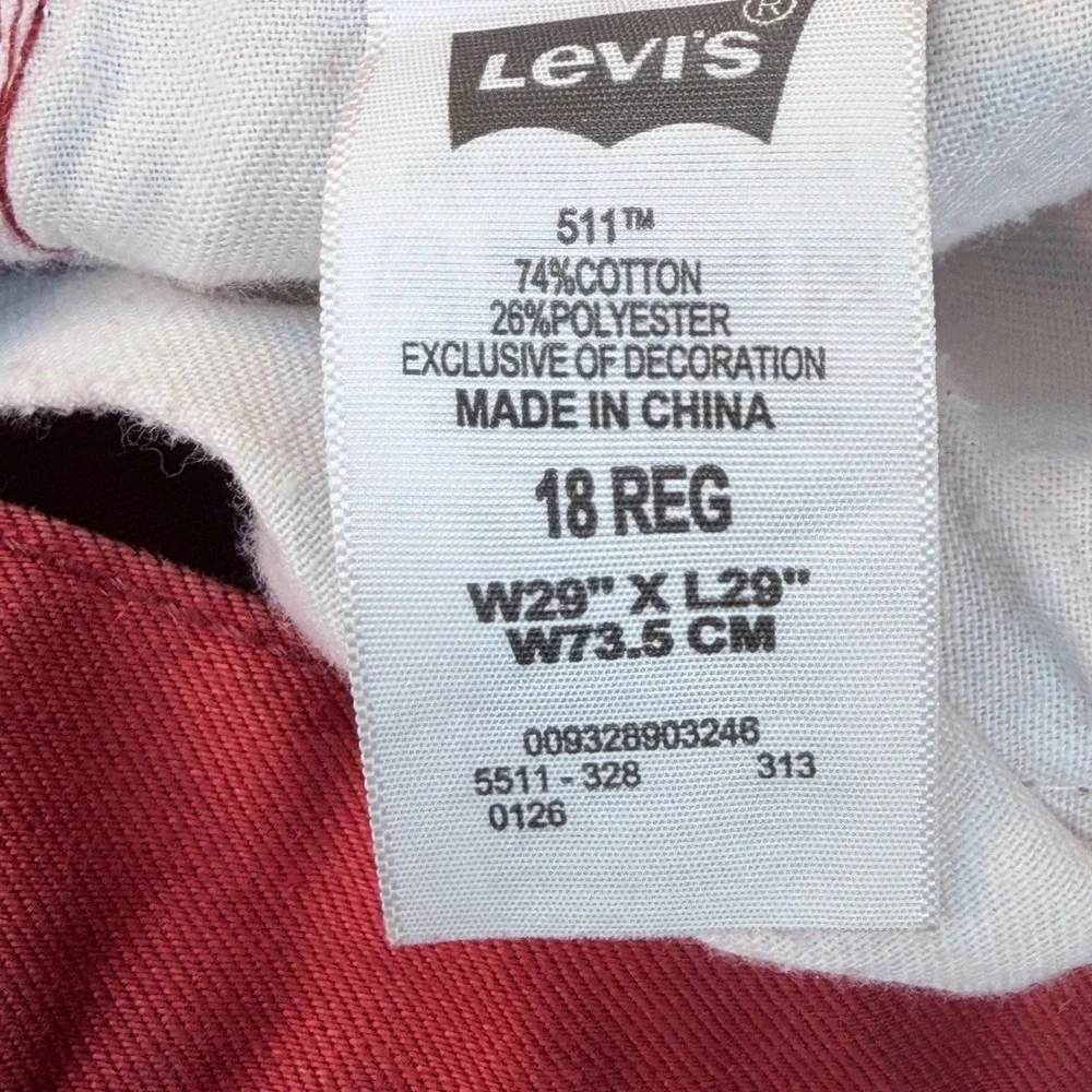 Levi's 511 Boys Youth Jeans 18 Reg 29x29 Burgundy Red Slim Fit Stretch Denim